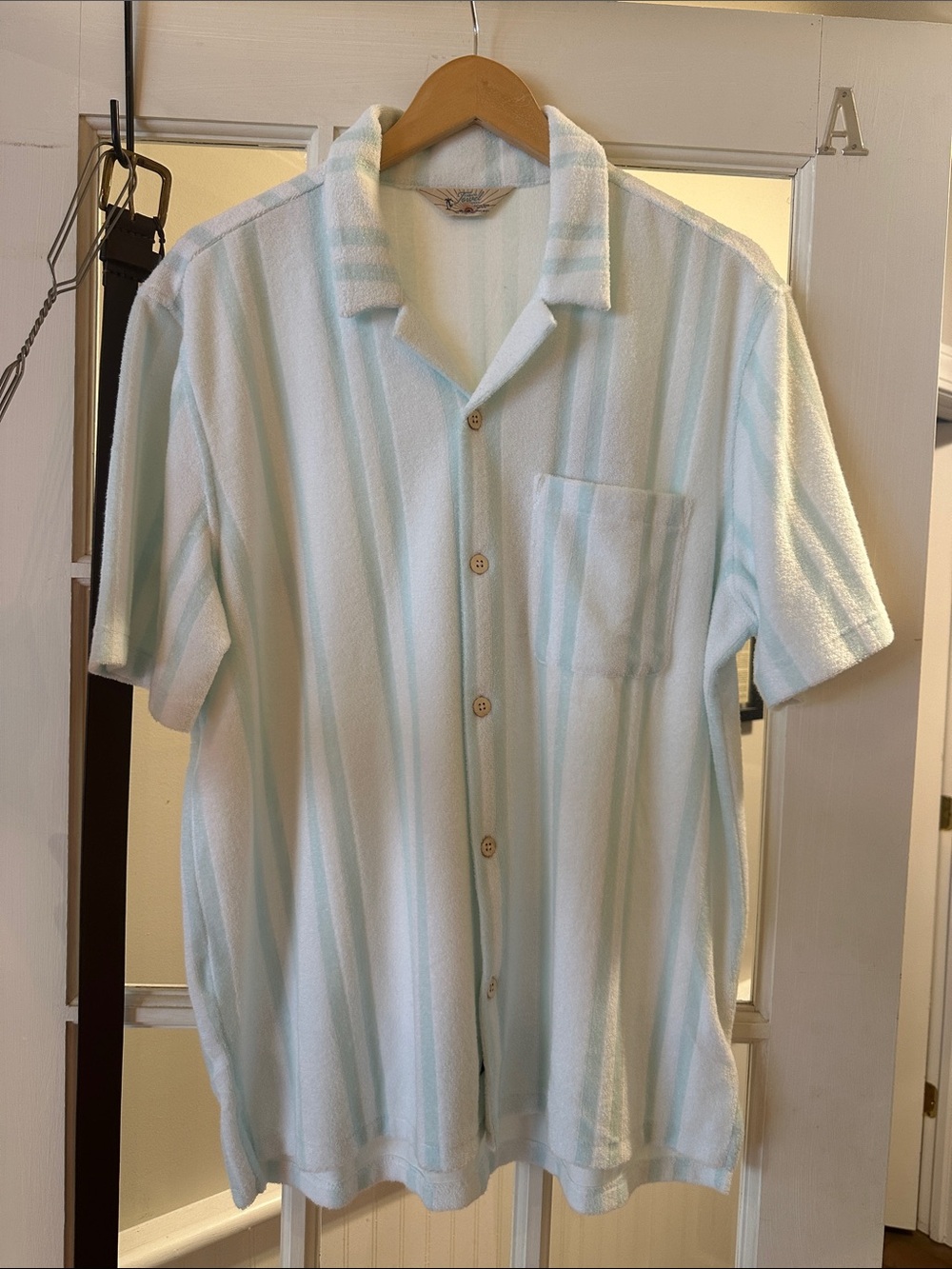 Faherty Men’s TerryclothMint and White Vertical Stripe Short-Sleeve Button Shirt